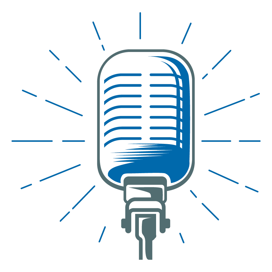 Podcast productions image is a radio microphone in blue